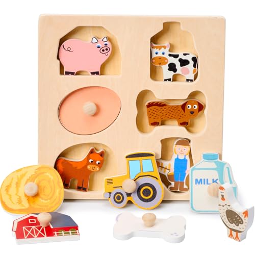 Montessori Mama Zweilagiges Bauernhof-Puzzle aus Holz, 6 Teile mit Pegged Overlay, ab 12 Monaten von Montessori Mama