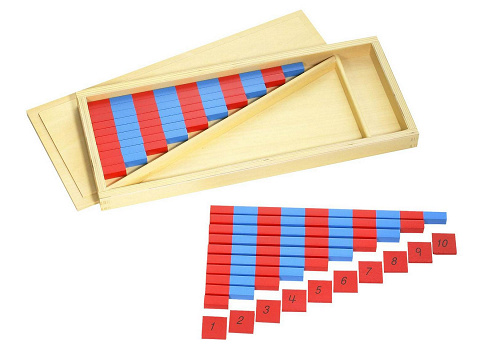 Numerische Stangen, blau und rot, 2 komplette Sätze in Aufbewahrungsbox mit Zahlenplättchen um Zahlenabfolgen bis 10 zu üben von Montessori-Shop