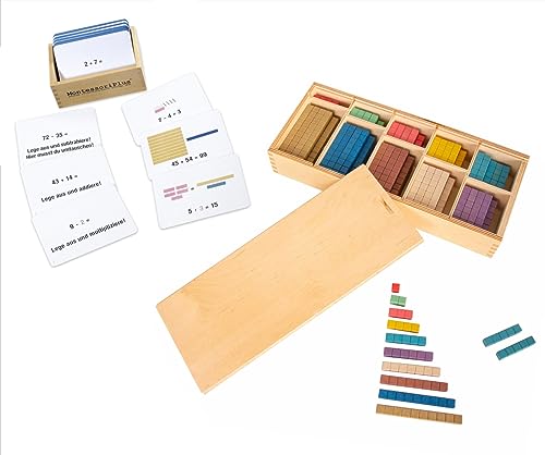 Montessori-Material Zahlenraum bis 100 inkl. Rechenstäbchen u. 100 Aufgabenkarten mit Selbstkotrolle von MontessoriPlus