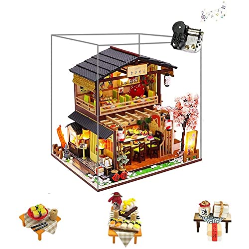 DIY Puppenhaus Miniatur Kit mit Staubdicht und Spieluhr Japanischer Sushi Shop Puppenhaus Möbel 3D Holz Handarbeit Kreatives Puzzle Spielzeug Geburtstagsgeschenk für Freunde von Montidey