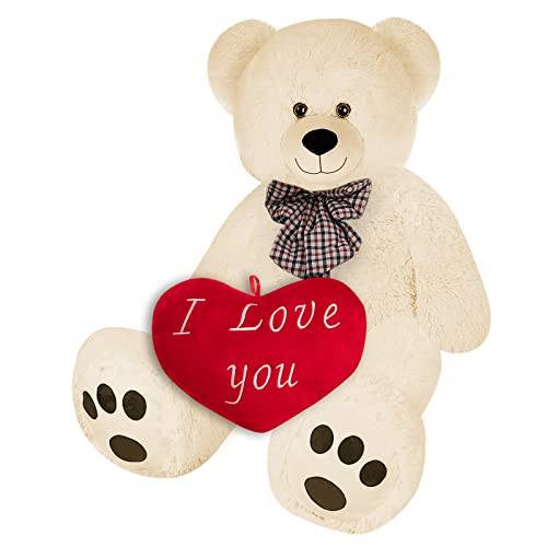 Monzana® Teddybär mit Herzkissen XL 100cm Beige Weich Dichtes Fell Schleife Tatzen Ich Liebe Dich Geschenk Valentinstag Plüschbär Kuscheltier Bär von Monzana