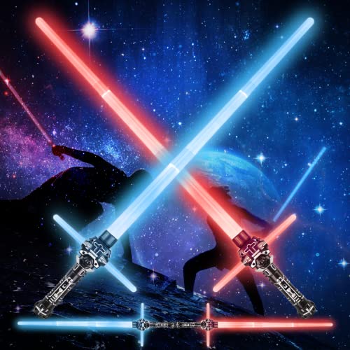 Moocuca 2 Stück Lichtschwert Kinder, RGB 7 Farben Led Lightsaber mit Licht und Sound, 2-in-1 Laserschwert Sta Wars, Cosplay Spielzeug Einziehbares Laserschwert Kinder von Moocuca