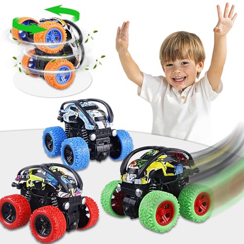 Moocuca 4 Stück Monstertruck, Reibungsbetriebene Zurückziehen Spielzeugauto, 360 Grad Rotierende Trägheitsbetriebene Fahrzeuge, Monster Truck für Jungen ab 3 Jahren Geeignet von Moocuca