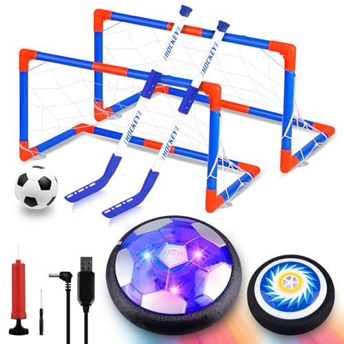 Moocuca Hover Ball Hockey Set Kinder, Wiederaufladbar Air Power Fußball mit Led Licht, 3-in-1 Hockey Set mit 2 Tore für Jungen Mädchen, Aufblasbarer Fußball für Indoor Outdoor von Moocuca