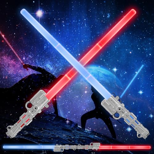 Moocuca Lichtschwert Kinder, 2 Stück Laserschwert mit Kreiselring, Lightsaber Sta Wars, RGB 7 Farben Led Lightsaber, Licht und Sound, Einziehbares Leuchtschwert Kinder für Cosplay, Partyzubehör von Moocuca