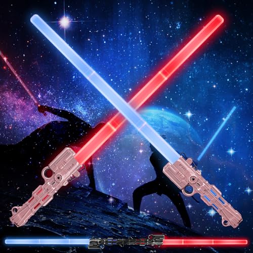 Moocuca Lichtschwert Kinder, 2 Stück Laserschwert mit Kreiselring, Lightsaber Sta Wars, RGB 7 Farben Led Lightsaber, Licht und Sound, Einziehbares Leuchtschwert Kinder für Cosplay, Partyzubehör von Moocuca