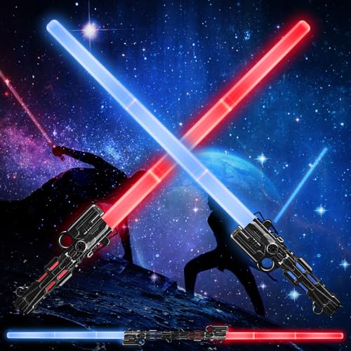 Moocuca Lichtschwert Kinder, 2 Stück Laserschwert mit Kreiselring, Lightsaber Sta Wars, RGB 7 Farben Led Lightsaber, Licht und Sound, Einziehbares Leuchtschwert Kinder für Cosplay, Partyzubehör von Moocuca