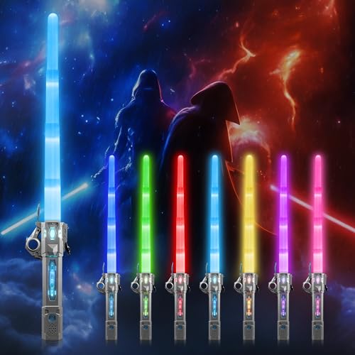 Moocuca Lichtschwert Kinder, Laserschwert Star Wars, RGB 7 Farben Led Lightsaber mit Licht und Sound, Cosplay Spielzeug Einziehbares Laserschwert Kinder, Glühendes Light Saber von Moocuca