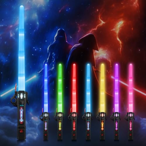 Moocuca Lichtschwert Kinder, Laserschwert Star Wars, RGB 7 Farben Led Lightsaber mit Licht und Sound, Cosplay Spielzeug Einziehbares Laserschwert Kinder, Glühendes Light Saber von Moocuca