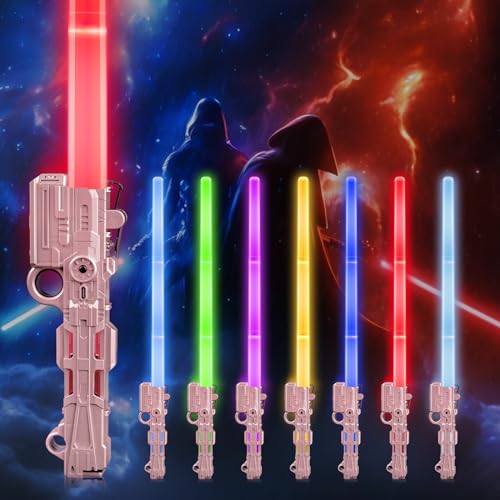 Moocuca Lichtschwert Kinder, Laserschwert mit Kreiselring, Lightsaber Sta Wars, RGB 7 Farben Led Lightsaber mit USB-Kabel, Licht und Sound, Einziehbares Leuchtschwert Kinder für Cosplay, Partyzubehör von Moocuca