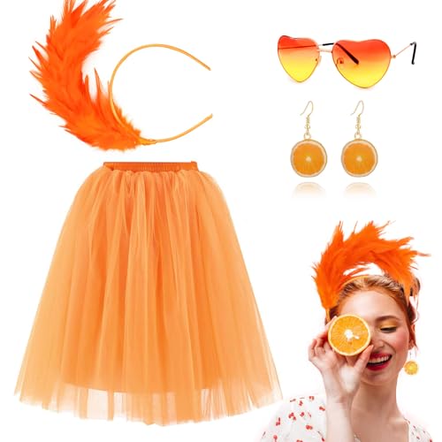 Moollyfox Aperol Kostüm Damen - Aperol Spritz Tüllrock Orange Set mit Haarreif Orange Aperol, 1 Paar Orange Ohrringe und Aperol Herz Brille - Für Fasching Karneval Party von Moollyfox