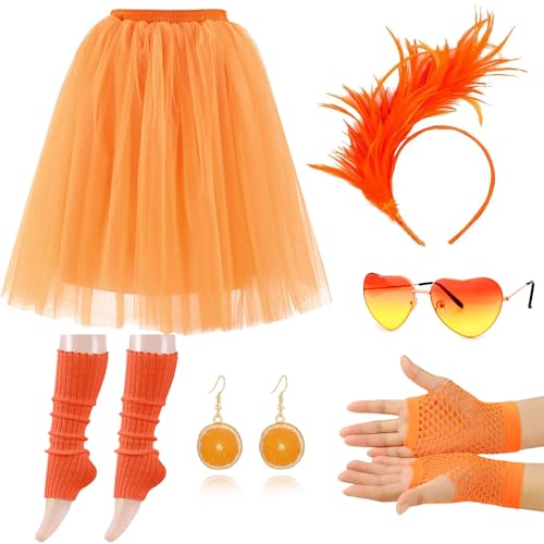 Moollyfox Aperol Kostüm Damen - Aperol Spritz Tüllrock Orange Set mit Haarreif Orange Aperol, Herz Brille, Obst Acryl Ohrringe, Aperol Socken und Stulpen Orange - Für Fasching Karneval Party von Moollyfox