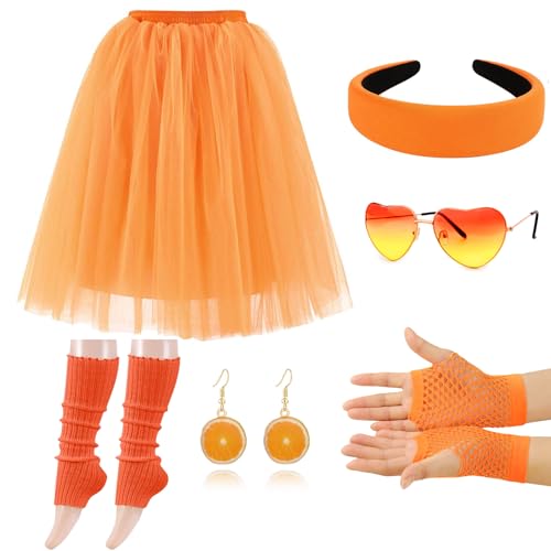 Moollyfox Aperol Kostüm Damen - Aperol Spritz Tüllrock Orange Set mit Haarreif Orange Aperol, Herz Brille, Orangenscheibe Ohrringe, Beinlinge und Stulpen Orange - Für Fasching Karneval Party von Moollyfox