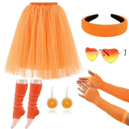 Moollyfox Aperol Kostüm Damen - Aperol Spritz Tüllrock Orange Set mit Haarreif Orange Aperol, Herz Brille, Orangenscheibe Ohrringe, Beinlinge und Stulpen Orange Lange - Für Fasching Karneval Party von Moollyfox