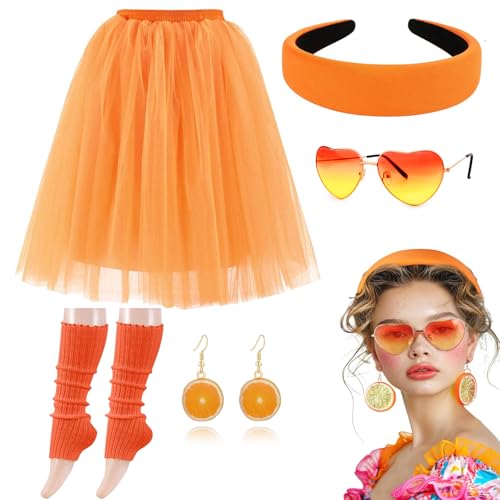 Moollyfox Aperol Kostüm Damen - Aperol Spritz Tüllrock Orange Set mit Haarreif Orange Aperol, Herz Brille, Orangenscheibe Ohrringe und Beinlinge - Für Fasching Karneval Party von Moollyfox