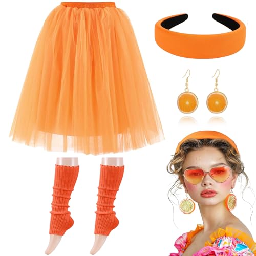 Moollyfox Aperol Kostüm Damen - Aperol Spritz Tüllrock Orange Set mit Haarreif Orange Aperol, Orangenscheibe Ohrringe und Beinlinge - Für Fasching Karneval Party von Moollyfox