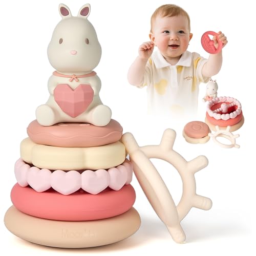 Moonkie Hase Stapelturm Baby, Silikon Spielzeug mit Ringen, Stapelspiel für Kleinkind Mädchen ab 6 Monate 1 2 3 Jahr, Beißring Baby, Sensorik Montessori Spielzeug, 7 Teiliges Set, Babygeschenke Moonkie Hase Stapelturm Baby, Silikon Spielzeug mit Ringen, Stapelspiel für Kleinkind Mädchen ab 6 Monate 1 2 3 Jahr, Beißring Baby, Sensorik Montessori Spielzeug, 7 Teiliges Set, Babygeschenke von Moonkie