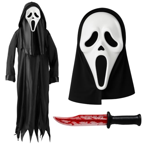 Geistergesichtskostüm für Kinder mit Geister-Gesichtsmaske, blutgefüllte gefälschte Messer-Requisite, schwarzer Kapuzenmantel, Kinder-Halloween-Kostüme für Jungen – Screamer-Horror-Maske, blutiges Geistergesichtskostüm für Kinder mit Geister-Gesichtsmaske, blutgefüllte gefälschte Messer-Requisite, schwarzer Kapuzenmantel, Kinder-Halloween-Kostüme für Jungen – Screamer-Horror-Maske, blutiges von Moonlight Fright