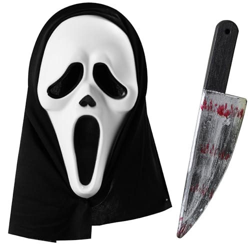 Halloween Horror Maske und Fake Messer im Set – Masken Kostüm für Erwachsene – Ghost Maske Prank Artikel – Zombie Messer mit Fake Blut und Halloween Maske als Requisite und für Gruselige Kostüme von Moonlight Fright