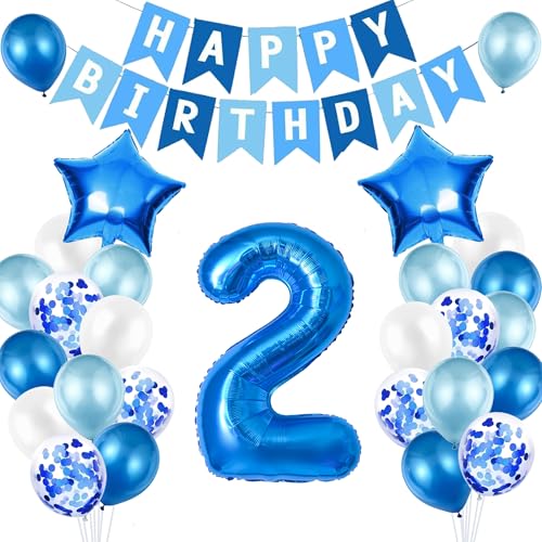 2nd Birthday Decorations for Boys Number 2 Balloon Blue Silver 2nd Party Decorations Happy Birthday Bunting Banner 81.3 cm Foil Number 2 Balloons Set for Birthday Party Anniversary Decorations von Moorle