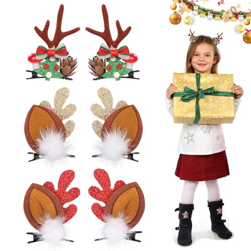 Moorle 6 Stück Weihnachten Haarspangen, Weihnachts Rentier Geweih Haarschmuck, Xmas Glitter Geweih Haarklammern, Weihnachtsbaum Haarclips, Niedliche Elchgeweih Kopfschmuck für Kinder Mädchen Damen von Moorle