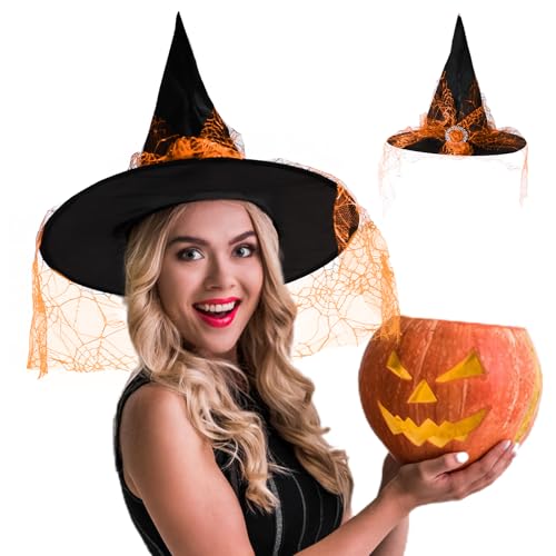 Moorle Hexenhut Halloween, Hexenhut Schwarz mit Strasssteinen und Schleier, Spitz zulaufender Hexenhüte, Halloween Hexenkostüm für Damen, Hexen Kostüm Zubehör für Cosplay Kostüm Party Halloween Party von Moorle