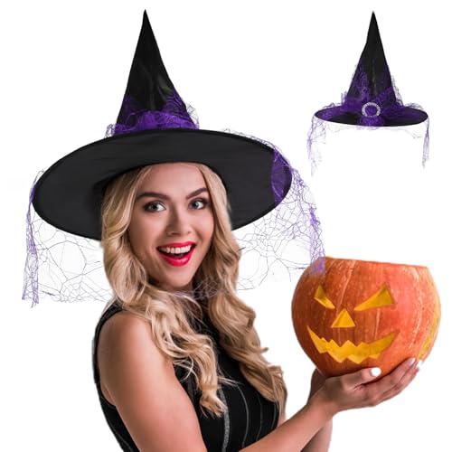 Moorle Hexenhut Halloween, Hexenhut Schwarz mit Strasssteinen und Schleier, Spitz zulaufender Hexenhüte, Halloween Hexenkostüm für Damen, Hexen Kostüm Zubehör für Cosplay Kostüm Party Halloween Party von Moorle