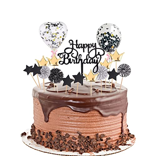 Tortendeko Schwarz Gold 17 Stück, Happy Birthday Kuchendeko, Geburtstag Torte Topper, Sterne Papierfächer Konfetti Ballon Cupcake Topper, Cake Topper für Geburtstag Kuchen Deko Junge Mädchen von Moorle