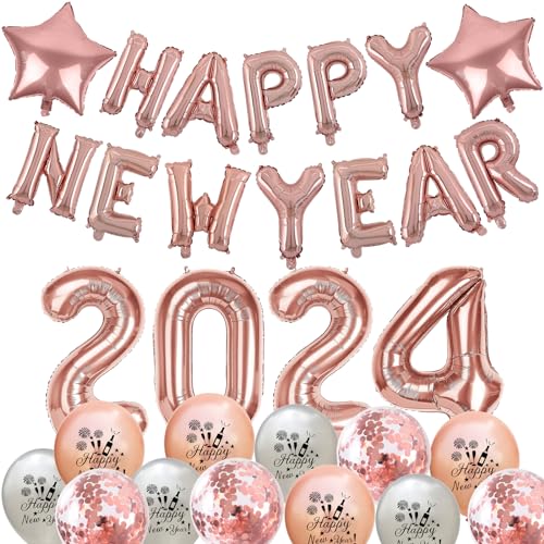 Rosegold 2024 Silvester Deko, Silvester Deko Rosegold, Happy New Year Luftballon Girlande, XXL 2024 Ballon, Happy New Year Deko, Stern Folienballons, Silvester Ballon für Silvesterparty 2024 von Moorle