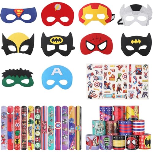 Mooshy Superheld Masken Kinder Party Masken Maske Batman Maske für Cosplay Party 10 Superhelden Filz Masken 12 Superhelden-Armband 4 Blatt Aufkleber für Party Maskerade von Mooshy