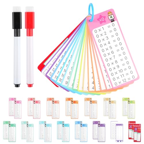 Times Tables Lernkarten, 0–12 Multiplikationskarten für Kinder mit 2 trocken abwischbaren Markern, pädagogische Mathematik-Lernkarten für die 1. bis 3. Klasse von Moosono