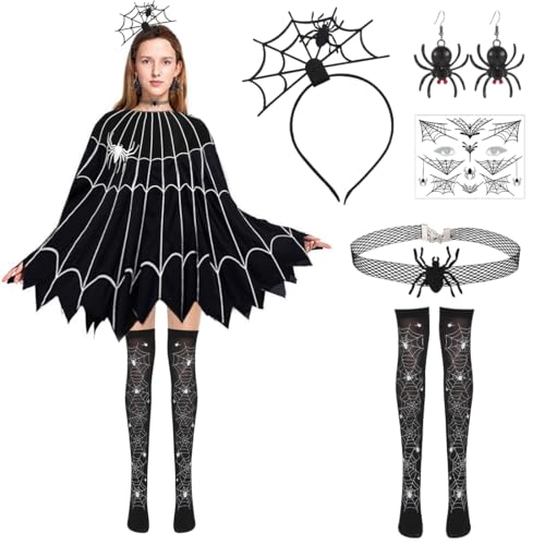 Halloween Kostüm Damen Spinnennetz Poncho, Damen Halloween Kleid Spinne Cosplay Kostüm, Halloween spinnen Kostüm Set mit halloween haarreif, Spinnen strumpfhose, Spinnen Tattoos, Spinne Ohrringe von MorLuks