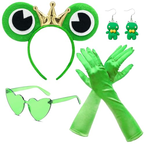 MorLuks 6 Stück Frosch Kostüm Set, Froschkostüm für Erwachsene Kinder, Frosch Haarreif Handschuhe Grüne Herzbrille Frosch Ohrringe für Fasching Karneval Motto Party Kostüm Damen von MorLuks