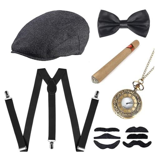 Morain 1920er Jahre Herren Kostüm Verkleidung Zubehör Set Cosplay Retro Frauen Gangster Kostüm Hut Krawatte Clips Taschenuhr Retro Gangster Kostüm von Morain