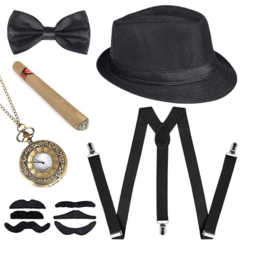 Morain 1920er Jahre Herren Kostüm Verkleidung Zubehör Set Cosplay Retro Frauen Gangster Kostüm Hut Krawatte Clips Taschenuhr Retro Gangster Kostüm von Morain