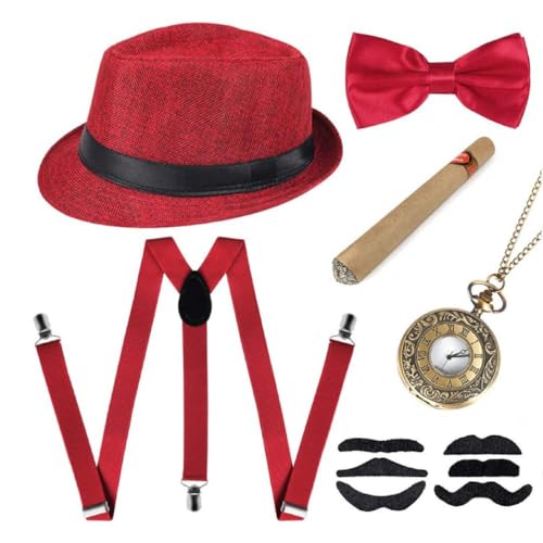 Morain 1920er Jahre Herren Kostüm Verkleidung Zubehör Set Cosplay Retro Frauen Gangster Kostüm Hut Krawatte Clips Taschenuhr Retro Gangster Kostüm von Morain