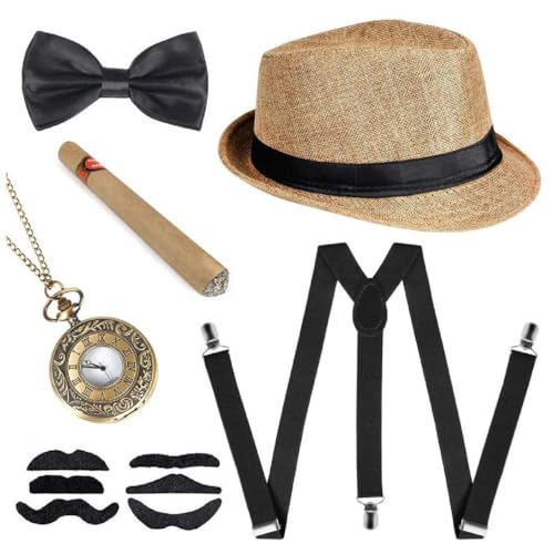 Morain 1920er Jahre Herren Kostüm Verkleidung Zubehör Set Cosplay Retro Frauen Gangster Kostüm Hut Krawatte Clips Taschenuhr Retro Gangster Kostüm von Morain