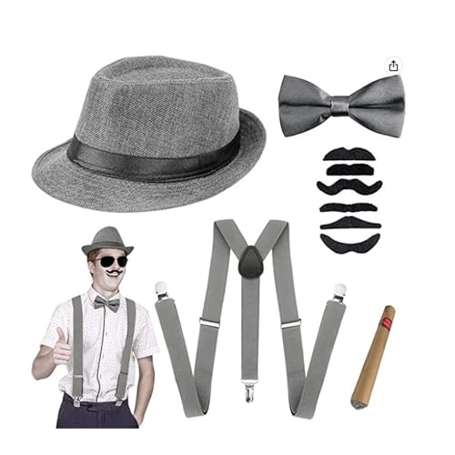 Morain 1920er Jahre Herren Kostüm Verkleidung Zubehör Set Cosplay Retro Frauen Gangster Kostüm Hut Krawatte Clips Taschenuhr Retro Gangster Kostüm von Morain