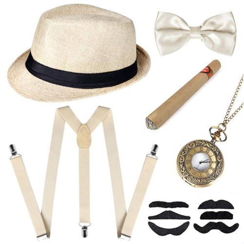 Morain 1920er Jahre Herren Kostüm Verkleidung Zubehör Set Cosplay Retro Frauen Gangster Kostüm Hut Krawatte Clips Taschenuhr Retro Gangster Kostüm von Morain