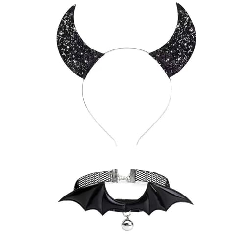 Morain Stirnbänder, Punk-Kopfschmuck, Fledermausflügel, Halloween-Glitzer-Haarreif + Choker, Teufelsflügel, cooles Mädchen, Fledermausflügel, Themen-Zubehör von Morain