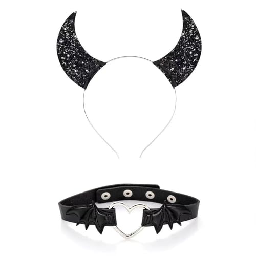 Morain Stirnbänder, Punk-Kopfschmuck, Fledermausflügel, Halloween-Glitzer-Haarreif + Choker, Teufelsflügel, cooles Mädchen, Fledermausflügel, Themen-Zubehör von Morain