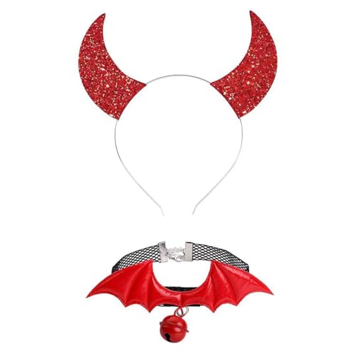 Morain Stirnbänder, Punk-Kopfschmuck, Fledermausflügel, Halloween-Glitzer-Haarreif + Choker, Teufelsflügel, cooles Mädchen, Fledermausflügel, Themen-Zubehör von Morain