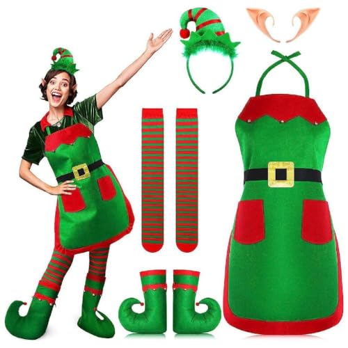 Weihnachten Weihnachtsmann Elf Kostüm Urlaub Elf Kostüm Elfen Ohren Streifen Strumpf Elf Hut Schuhe Gürtel Schürze Für Weihnachten Party Urlaub Elf Kostüm Für Frauen Erwachsene Urlaub Elf Kostüm von Morain