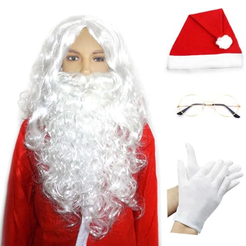 Weihnachtsmann-Anzug, Weihnachtsmann-Kostüm für Männer und Frauen, Erwachsene, 1/5-teiliges Weihnachtsmann-Kostüm, Outfits, lustige Weihnachtsmann-Bart-Handschuhe, Weihnachtsmann-Bart und Mütze von Morain