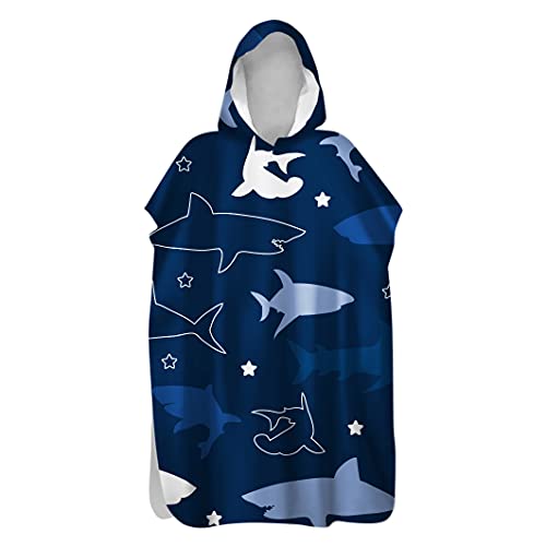 Morbuy Kinder Badeponcho mit Kapuze, 3D Karikatur Druck Bademantel Mikrofaser Weich Badetuch Schnelltrocknend Surf Poncho für Mädchen Jungen Erwachsene Schwimmen Strand (60x80cm,Hai) von Morbuy