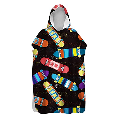 Morbuy Kinder Badeponcho mit Kapuze, 3D Karikatur Druck Bademantel Mikrofaser Weich Badetuch Schnelltrocknend Surf Poncho für Mädchen Jungen Erwachsene Schwimmen Strand (75x110cm,Skateboard) von Morbuy