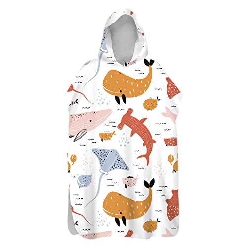 Morbuy Kinder Badeponcho mit Kapuze, 3D Meereslebewesen Bademantel Mikrofaser Weich Badetuch Schnelltrocknend Surf Poncho für Mädchen Jungen Erwachsene Schwimmen Strand (60x80cm,Fisch) von Morbuy