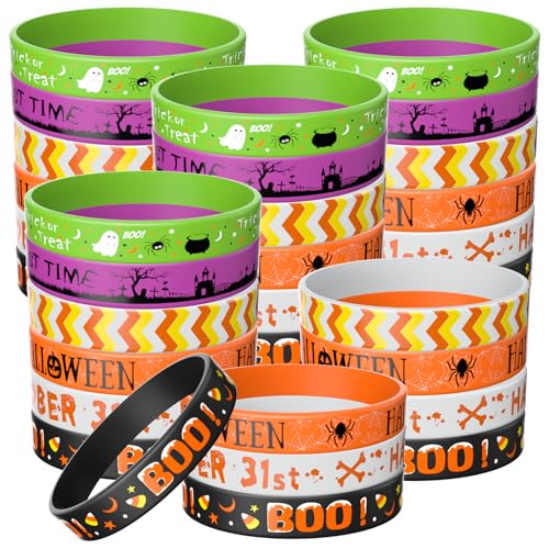 Morcheiong 60 Stück Halloween-Themen-Silikon-Armbänder für Halloween-Partyzubehör, 6 Designs (schwarz + orange + weiß + grün + lila) von Morcheiong