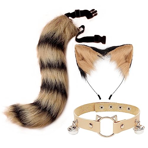 MoreChioce Katzenohren Haarspangen Set, 3er Set Kostüm-Ohren-Stirnband Kunstfell Fuchsschwanz Katzenohren Stirnband Choker Halsband Katzen-Langschwanz-Kostüm Halloween-Party-Zubehör,Gelb Schwarz von MoreChioce