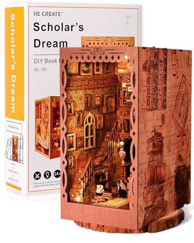 Morefün Book Nook Bibliothek,DIY Miniatur Puppenhaus Kit Mit Möbeln und LED Licht 3D Puzzle Holz,Diorama Buchstütze Bücherregal Deko Bücherecke Modellbausätze （Der Traum eines Gelehrten von Morefün